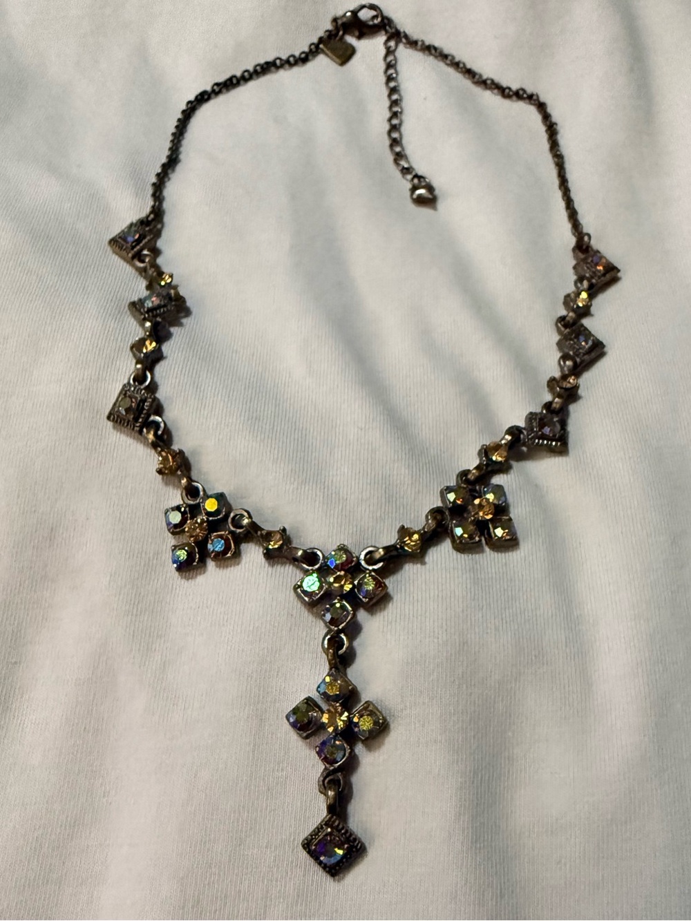 Cookie Lee Signed Multicolor Crystal Rhinestone Cross Y-Drop Necklace Adjustable